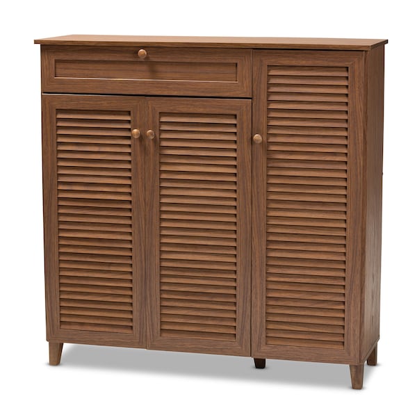 Baxton Studio Coolidge Walnut Finished 11-Shelf Wood Shoe Storage with Drawer 156-9391 - main